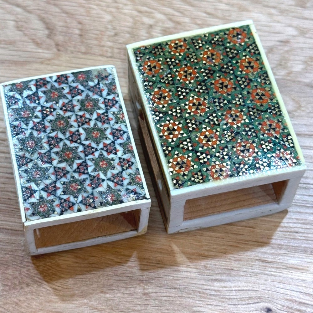 Vintage Persian Khatam Kari Inlay Matchbox Covers Set of 2 Mosaic Folk Art Decor